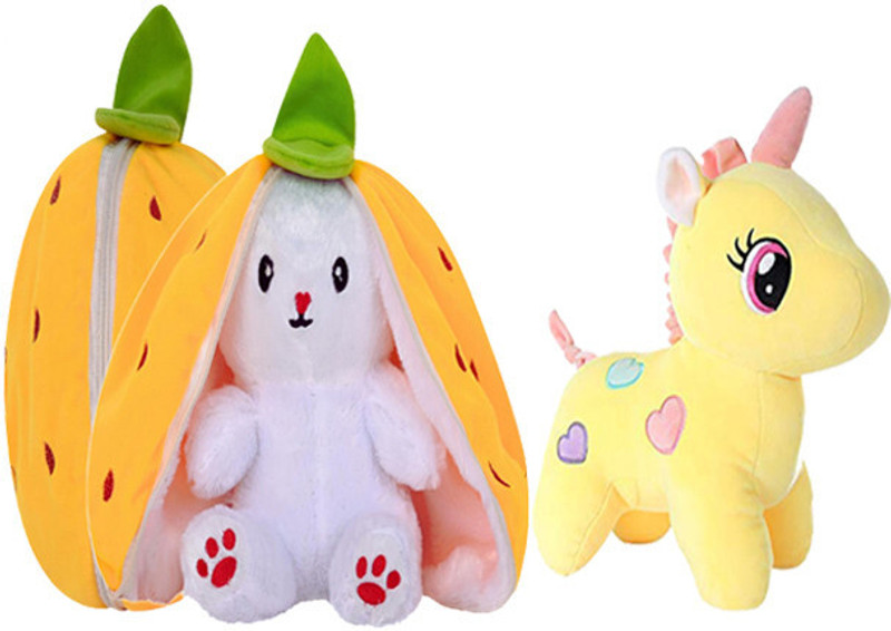 Gking Stuffed Toy Reversible Strawberry Bunny with Moto Paltu Soft Toy For Kids - 30 cm(Multicolor)