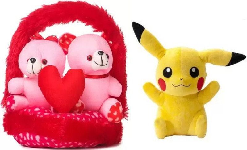 tgr cute Best Quality Super Soft Couple-Basket Teddy & Pikachu Combo for kids  - 30 cm(Yellow, red & pink)