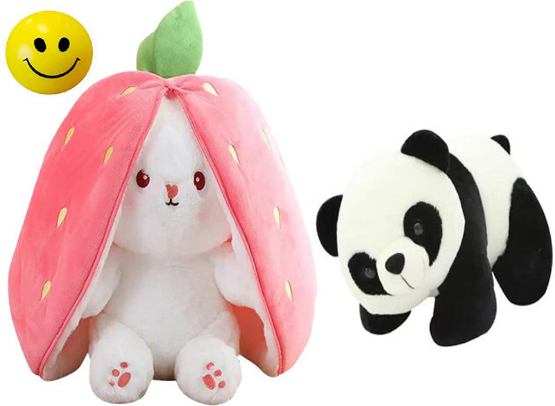 ATHRAVTOYS Combo of Reversible Strawberry Bunny with Panda Soft Toy For Kids  - 30 cm(Multicolor)
