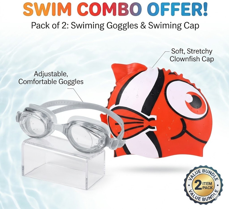 JUBLYN Kids' Swimming Combo Set: Printed fish Silicone Swim Cap with Anti-Fog Goggles Swimming Cap(Pack of 2)