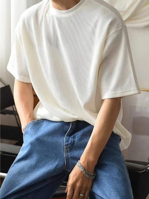 RUNNING MACHINE Striped Men Round Neck White T-Shirt