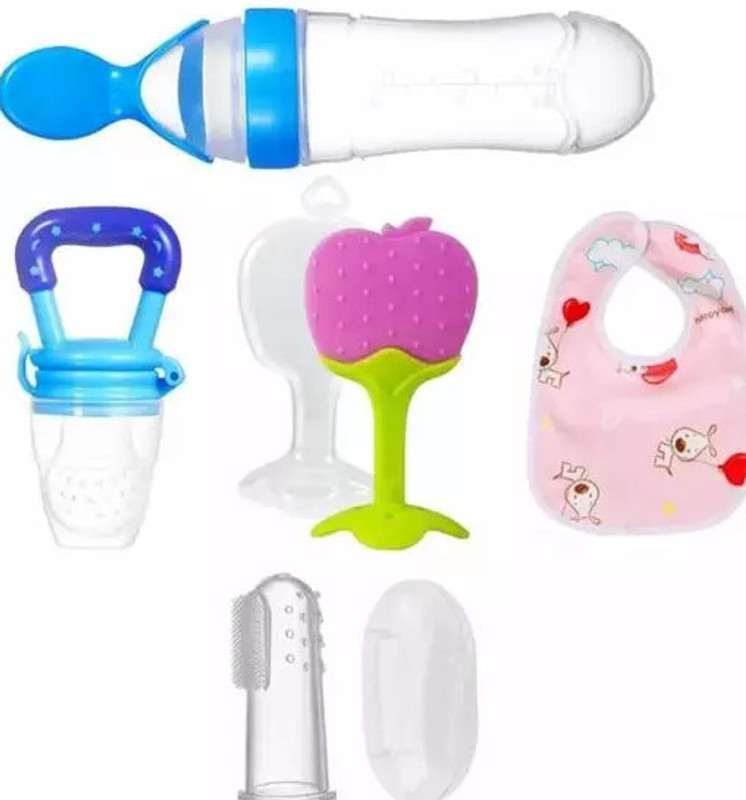 BadiMaa Fruit Feeder Pacifier Baby Food Dispensing Spoon Fruit Teether Finger brush,bib  - Silicone(Multicolor)