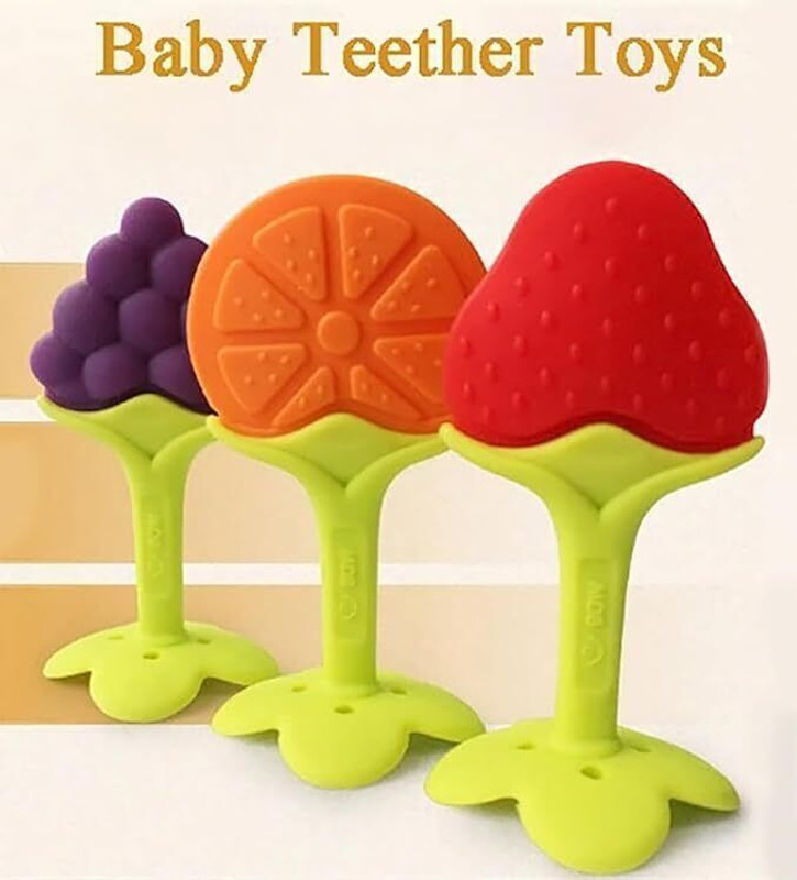 Bindian Baby Teething Toys,Fruit Shaped Silicone Baby Teethers PACK OF 3 Teether(Red, Orange, Blue)