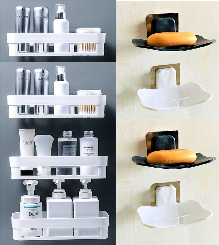 Mirramor 4 Wall Shelves + 4 Soap Stand Home Kitchen Bathroom Accessories Plastic Wall Shelf(Number of Shelves - 8, White, Black)