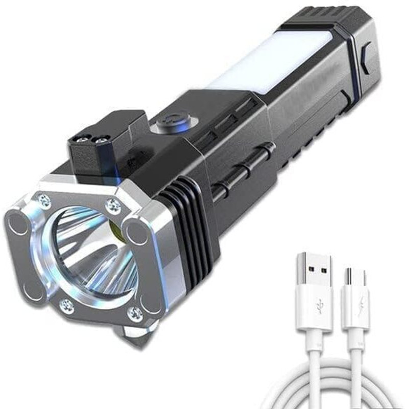 ONE PURCHASE 3W Hammer torch with power bank belt cutter long range rechargeable battery 2 hrs Torch Emergency Light(Black)