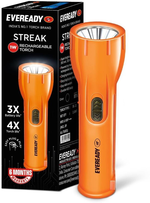 EVEREADY Streak DL 22 Torch with Plug and Play Charging Torch(Multicolor, 20 cm, Rechargeable)