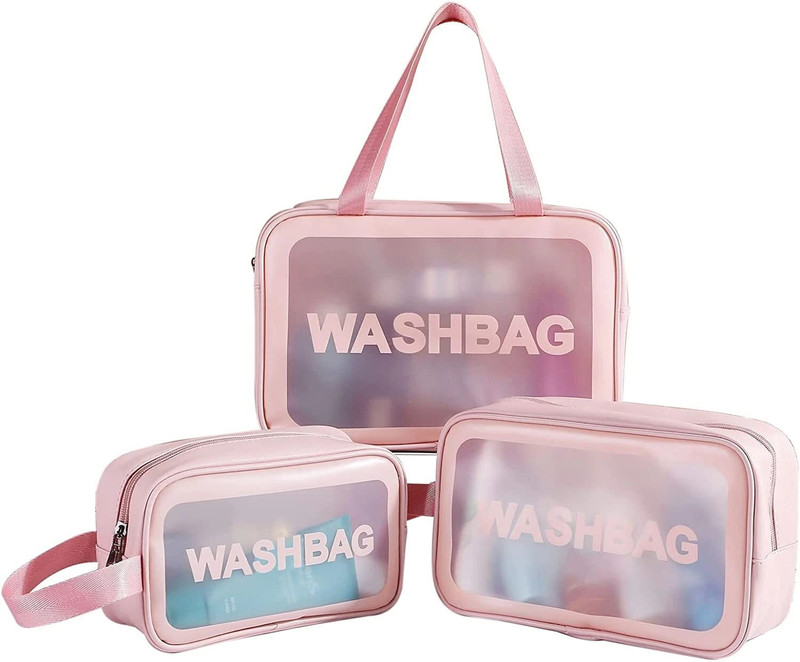 Buganda 3pc Set Travel Cosmetic Makeup Bag Clear, Zippered Carry Pouch WashBag For Women Travel Toiletry Kit(Pink)