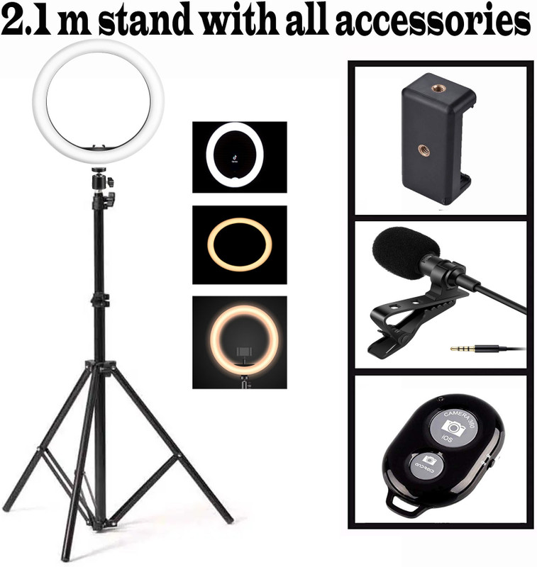 Deeshora Heavy Duty 10 " flash light ,2.1 m stand ,Holder,Collarmic,Remote control ,reels Monopod, Monopod Kit, Tripod, Tripod Ball Head, Tripod Bracket, Tripod Kit(Youtube , voice recording ,video recording ,(Black), Supports Up to 2000 g)