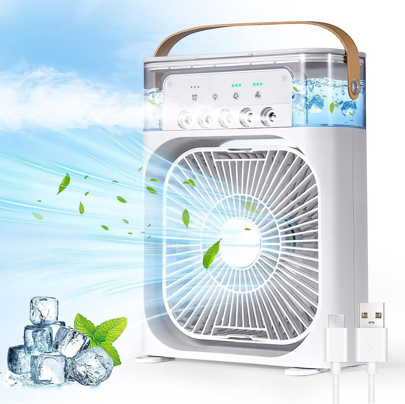 Hl CART Portable Air Cooler Fan with Mist Humidifier, USB Rechargeable Mini Cooling Fan Quiet Desk Fan with Water Tank for Home Office Outdoor Use USB Air Cooler(White)