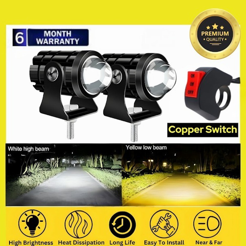Autozap Motorcycle Led Headlight Heavy MiniDriving Light with Copper Switch White,Yellow Fog Lamp Car, Motorbike, Truck, Van LED (36 V, 24 W)(Universal For Bike, Universal For Car, Pack of 2)