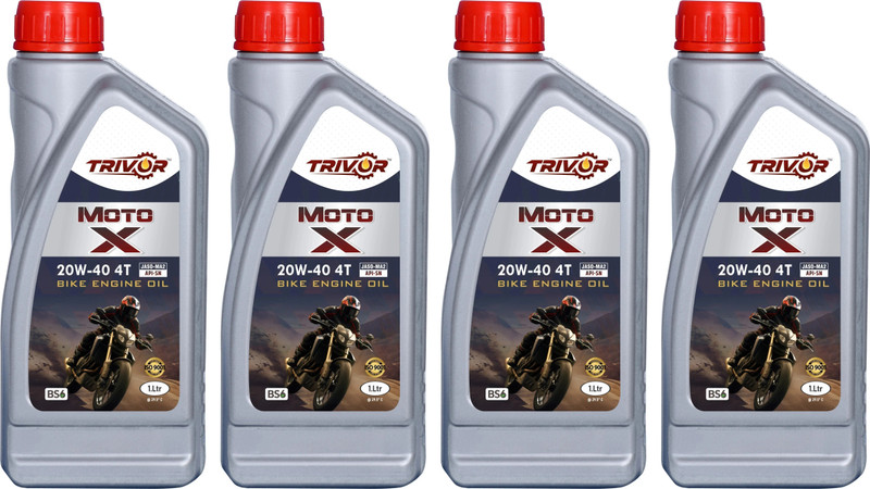 trivor MOTO X 20W40 1LTR P4 MOTO X 20W-40 4T Protection with BS6 Technology for Bikes|API SN & JASO MA2 High Performance Engine Oil(1 L, Pack of 4)