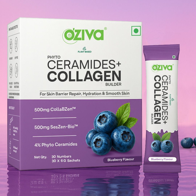 OZiva Phyto Ceramides+Collagen Builder(Blueberry)For Moisture Retention,Barrier Repair(30 x 6 g)
