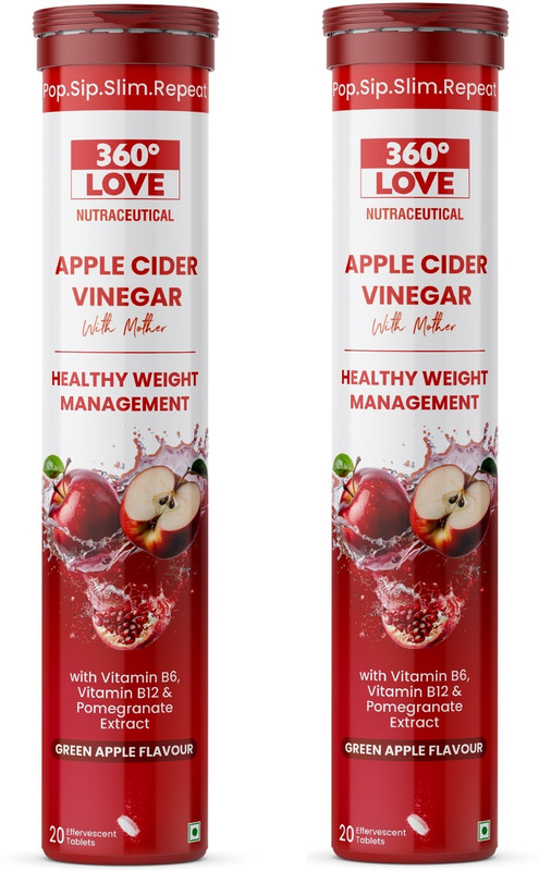 360 LOVE Apple Cider Vinegar Effervescent Tablet | Weight Management & Gut Health(2 x 20 Tablets)