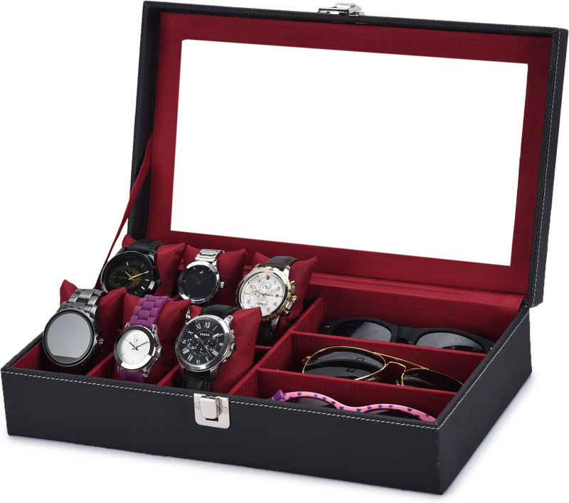 STORESHINE 6 Wrist Watch Display Box with 3 sunglasses slots Watch Box(Black, Holds 6 Watches)