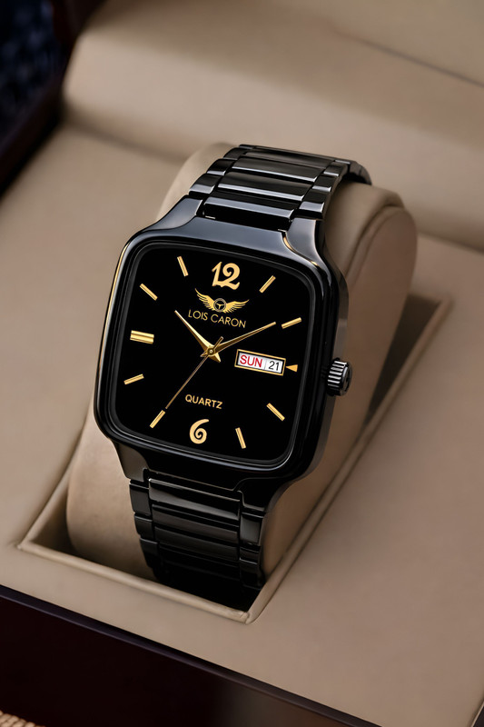 LOIS CARON Square black LCS-8586 Elegant Series Day and Date Function Square Quartz For /Boys Wrist Analog Watch - For Men