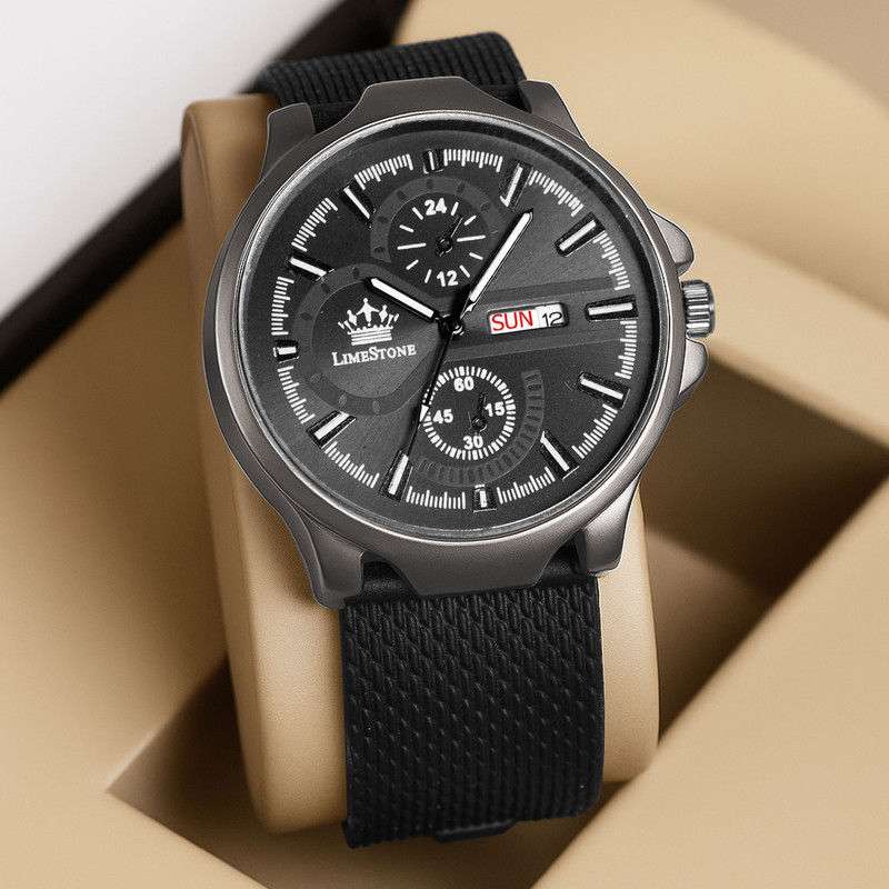 LIMESTONE Mesh Strap Gun Metal Grey Day and Date Black Quartz Mesh Strap Gun Metal Grey Day and Date Black Quartz Analog Watch  - For Men