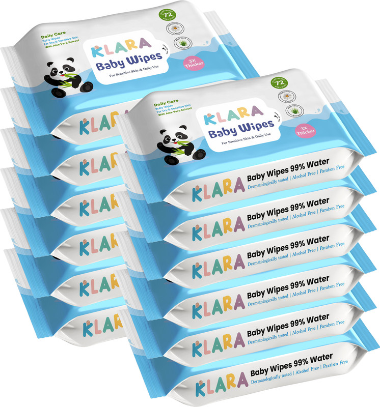 Klara 99%Pure Water Baby Wipes with Aloe Vera,Rash-Free(72 Wipes Each Pack,Pack of 12)(864 Wipes)