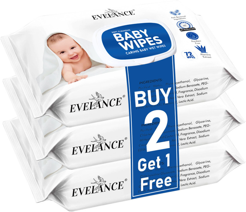EVELANCE Soft Cleansing Baby Wipes| 72 Pieces | Buy 2 Get 1 Free | Pack Of 3(216 Wipes)