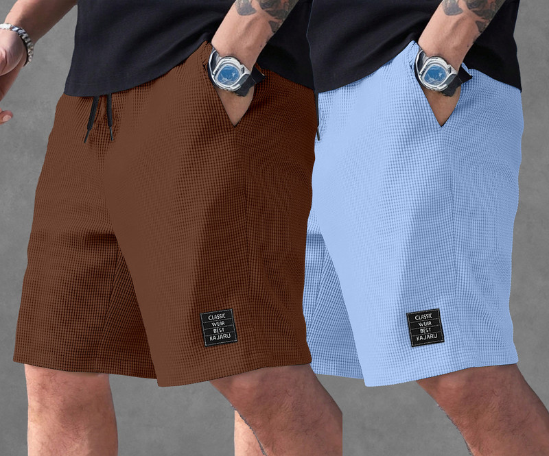 KAJARU Self Design Men Brown, Light Blue Regular Shorts