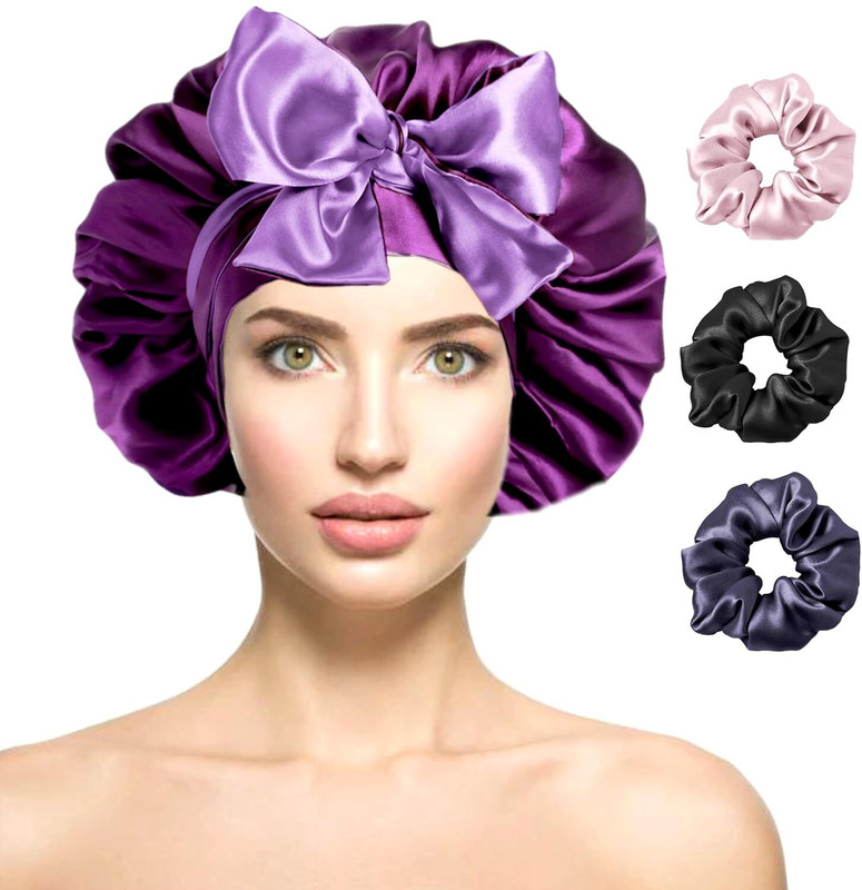 SCRUNBOW Satin Silk Bonnet for Hair with 3 Premium Scrunchies, Adjustable Cap (Purple)