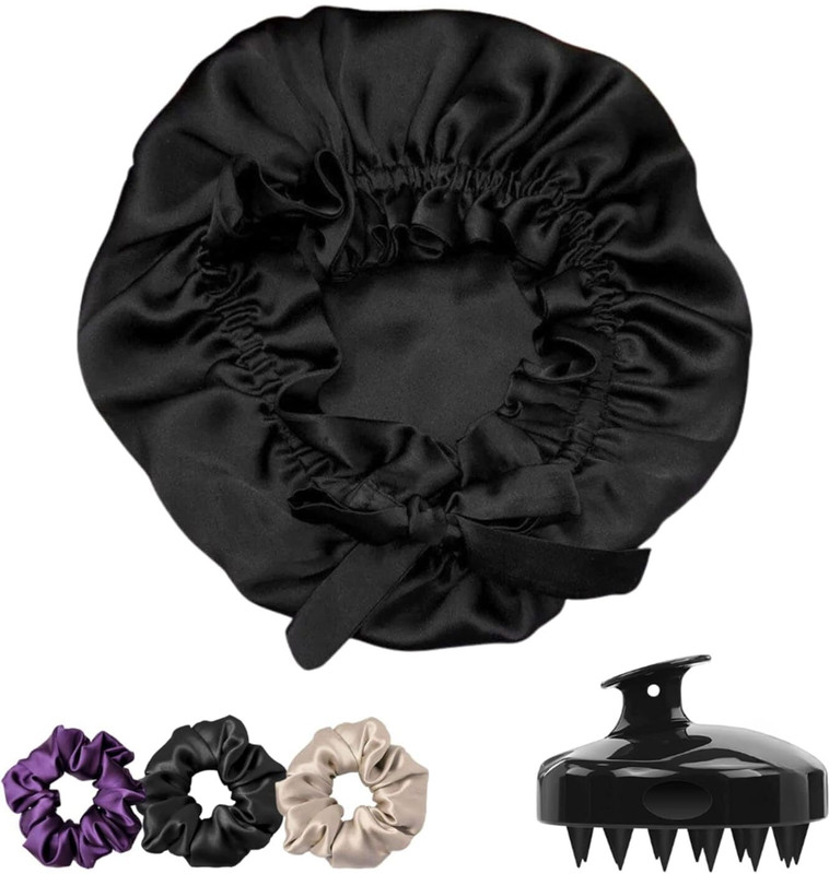 SCRUNBOW Silk Bonnet Hair Scalp Massager Shampoo Brush and 3 Scrunchies