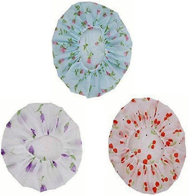 Sarveshver Plastic Printed Shower Cap with Elastic Band for Men Women and Children (Multicolour) Set of 3