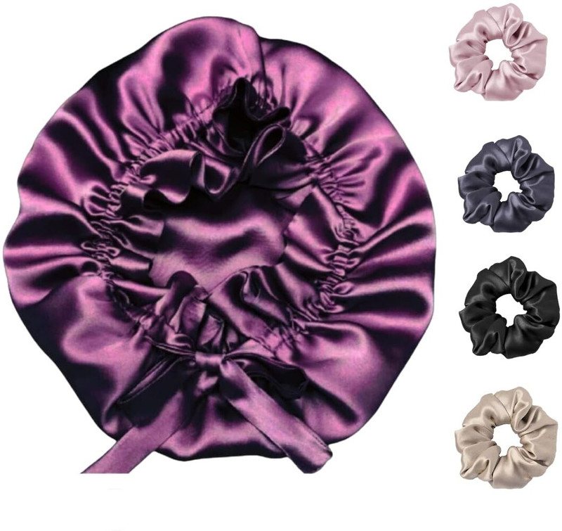 SCRUNBOW Satin Silk Bonnet for Hair with 4 Scrunchies, Adjustable Silk Hair Cap Sleeping