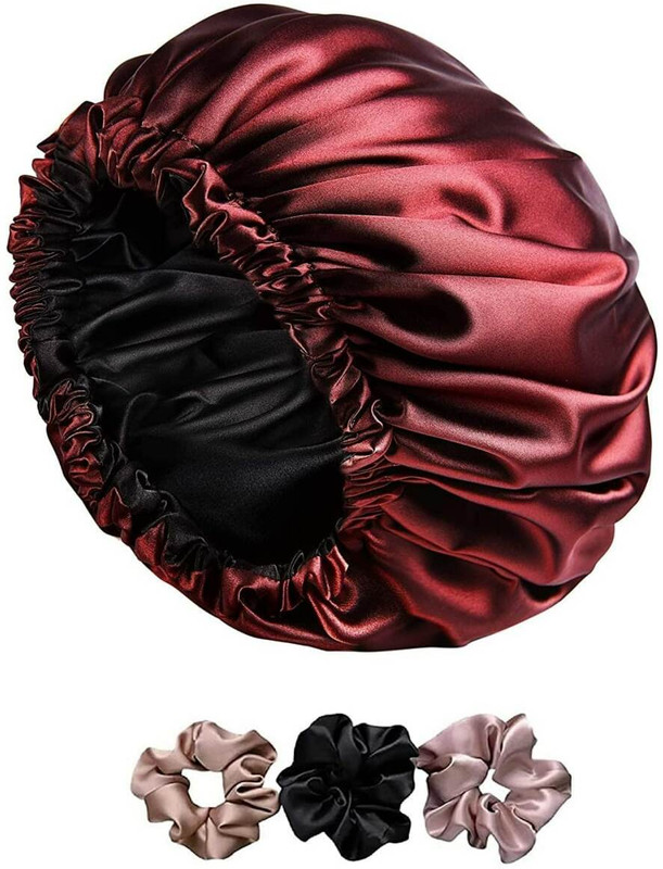 ERVY Satin Hair Bonnet cap 3 Primium Scrunchies sleeping bonnet shower cap [peach]