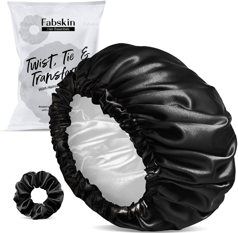 Fabskin Luxury Satin Silk Hair Bonnet Cap for Sleeping with Satin Scrunchie (Black)