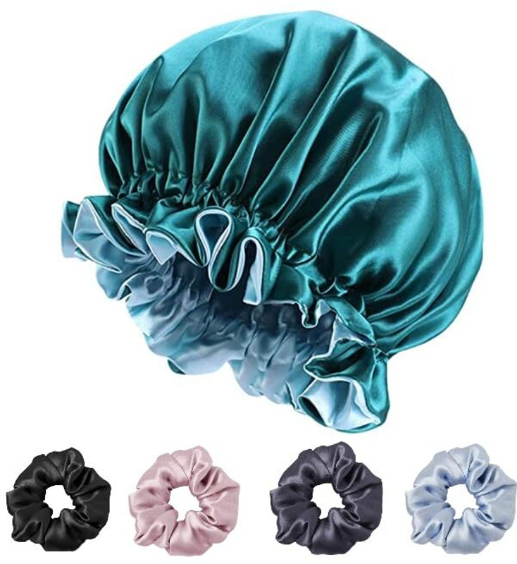 SCRUNBOW Satin Silk Bonnet for Hair with 4 Satin Scrunchies,Satin Bonnet Curly Hair(Teal)