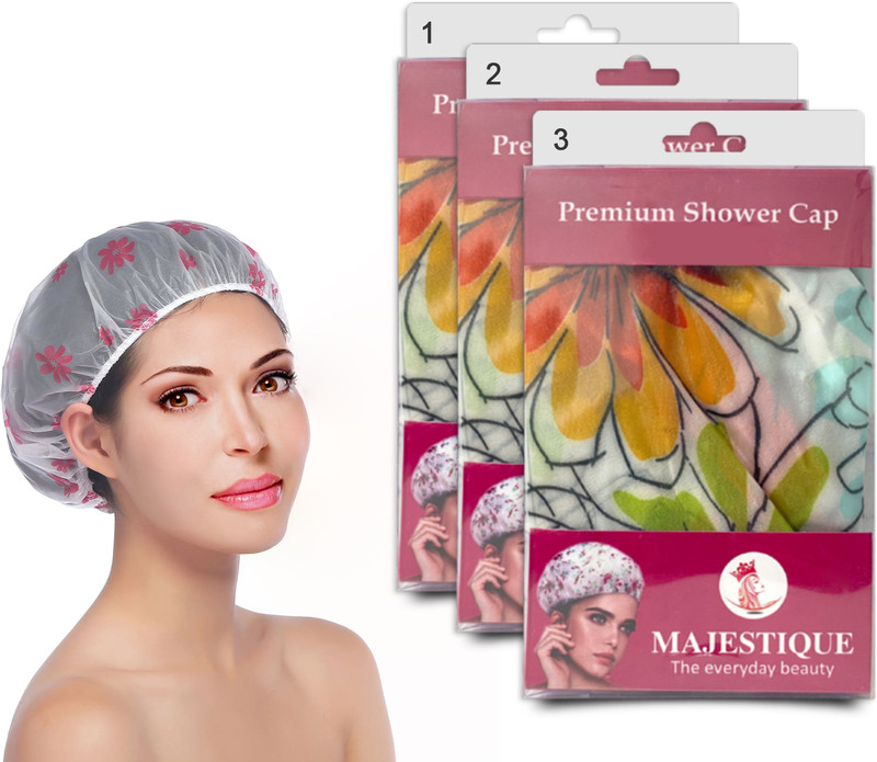 MAJESTIQUE Shower Cap Ideal for All Hair Lengths and Thicknesses -Multicolor - Pack of 3
