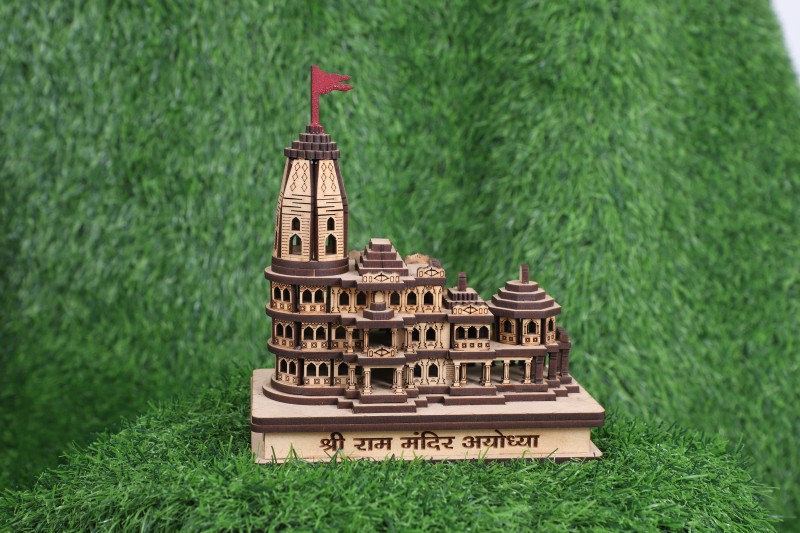 Shraddha Gift Art SGA awooden shree ram mandir mini replica model (5.5 inch X 5 inch x 3 inch) Decorative Showpiece - 12.7 cm(Wood, Beige)