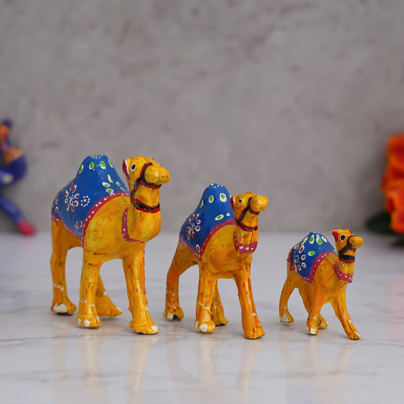 Artisyn Set of 3 Multicolor Camel Statues Animal Figurines Decorative Showpieces Decorative Showpiece  -  5 cm(Paper Mache, Orange)