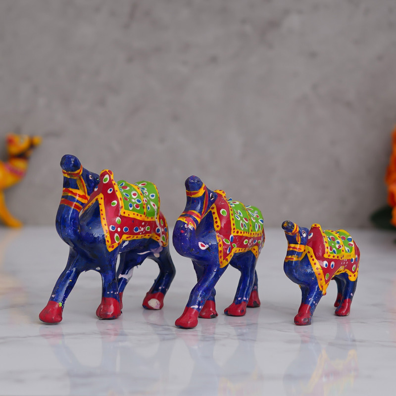 eCraftIndia Set of 3 Multicolor Camel Statues Animal Figurines Decorative Showpieces Decorative Showpiece  -  4 cm(Paper Mache, Blue)