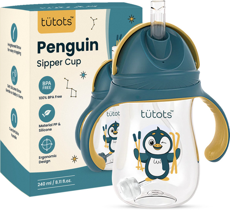 tutots Penguin Sipper for Kids with Straw | Twin Handle BPA Free Sippy Bottle(Green + Yellow)