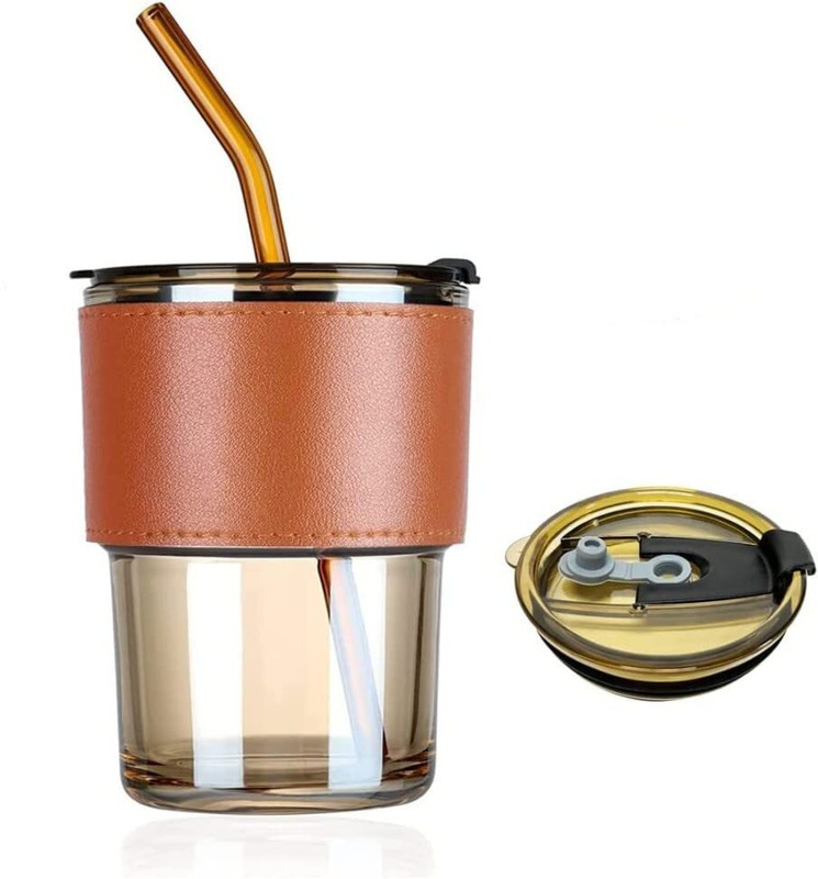 TRK IMPEX 2 in 1 Glass Leather Mug with Silicone Straw and Glass Lid, Multipurpose(Lid and Straw for Hot and Cold Tea Coffee Fruits Juice Travel Mug)