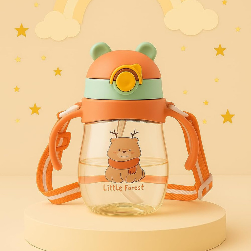 Charmpeak Baby Water Bottle Sipper Eco Friendly with Silicone Straw and Shoulder Strap - 300 ml(Orange)