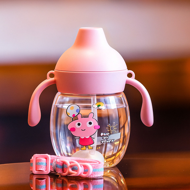 Smiley mia Lil Baby Sipper/Sippy Cup 340ml, Anti-Spill Design |Soft Silicone Spout & Straw(Baby pink)