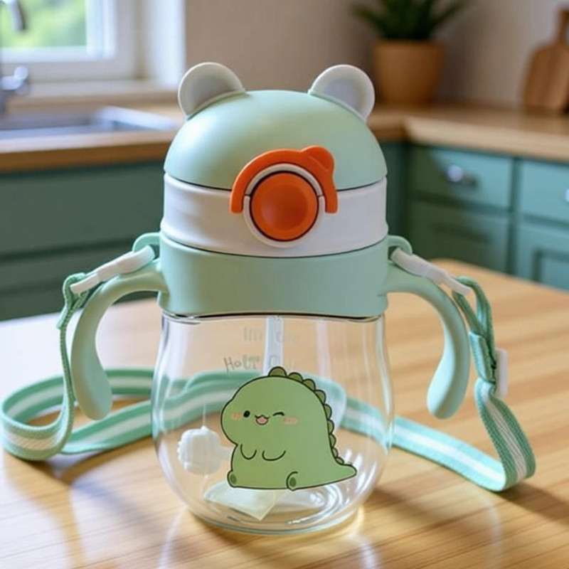 PECH Transparent Sipper Bottle with Long Straw | Easy-Grip for Babies and Toddlers(Green)