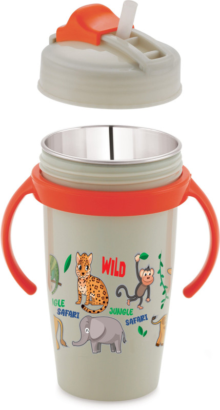 Nabhya Multi Cartoon Design Sipper Bottle For Kids With Straw & Side Handle , 360ML(White)