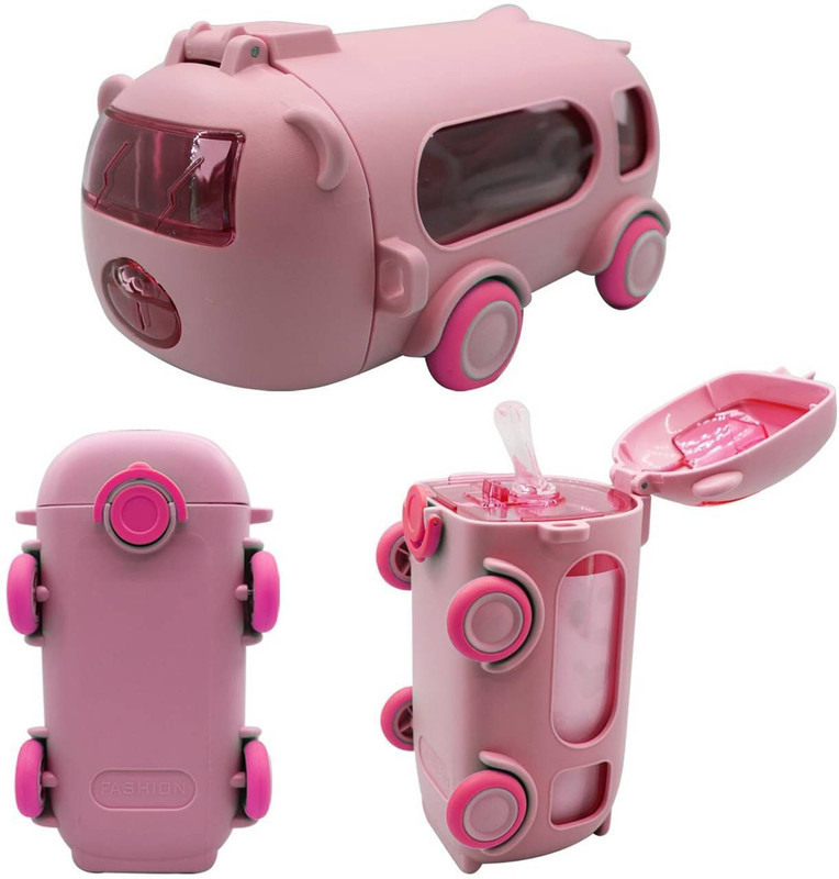 ASKO Cute Bus Shape Water Bottle for Kids | Leak-Proof Sipper Bottle with Strap(Pink)