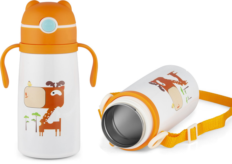 Nabhya Vacuum Insulated Double Wall Steel Body Straw Sipper, One Touch Opening-380 ML(Orange)
