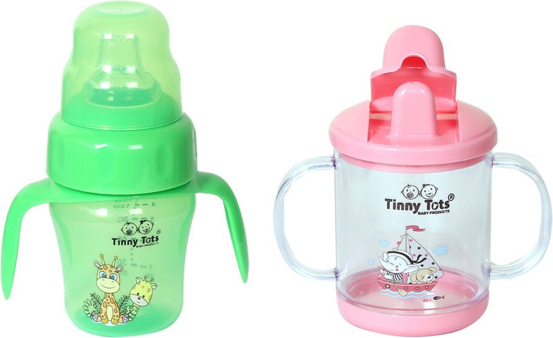 TINNY TOTS 2 Baby Sippy Cup/Bottle Water/Juice/Milk 150ML Spout Sippers & Twin Handles(Green)