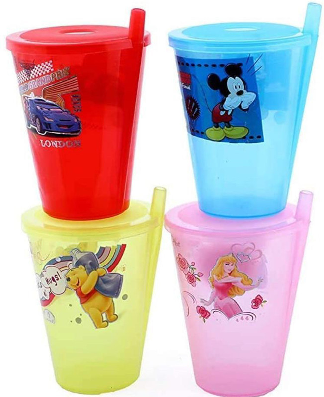 Shreeji Rio sipper glass with fixed straw and lid 4pcs set(Multicolor)