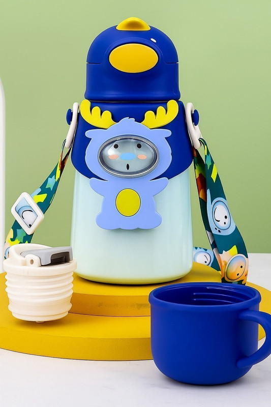 Magic Pebbles Hot & Cold Straw Sipper Water Bottle For kids Double Walled Vacuum Insulated 500(Blue)