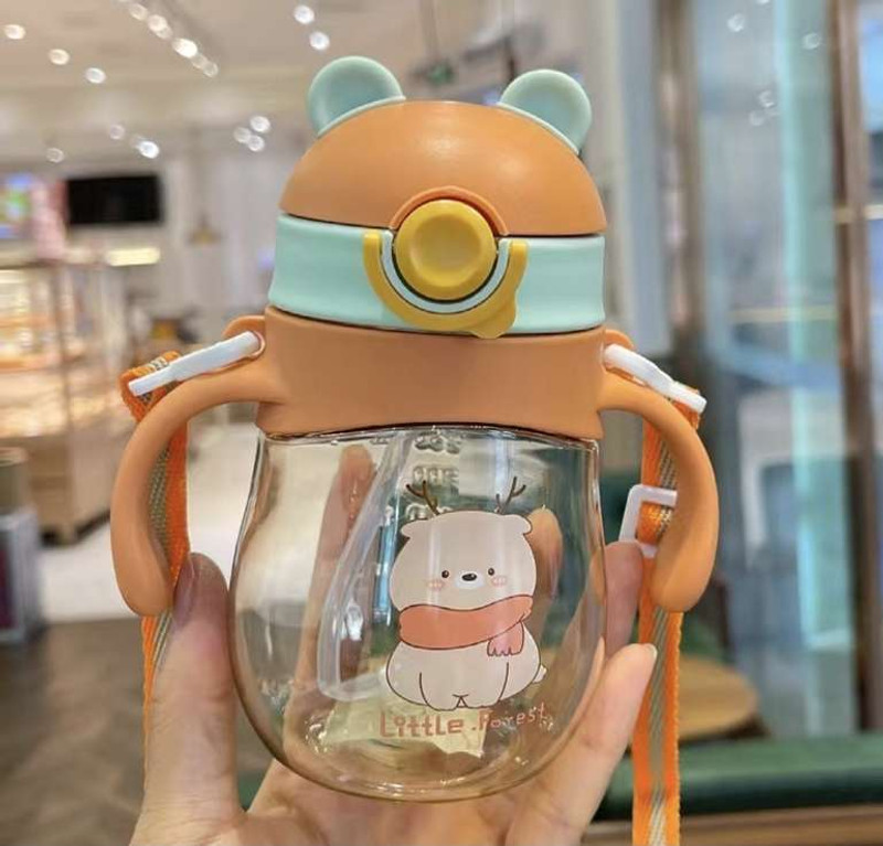 Cubella wrapped in love Baby Sipper Bottle Bear Design Soft Silicone Straw with Handles & Strap(Orange)