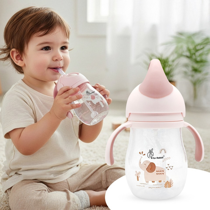 R for Rabbit Trunky Baby Straw Sipper Bottle 320 ML | Anti Spill Sippy Cup With Gravity Ball(Trunky Peach Pink)