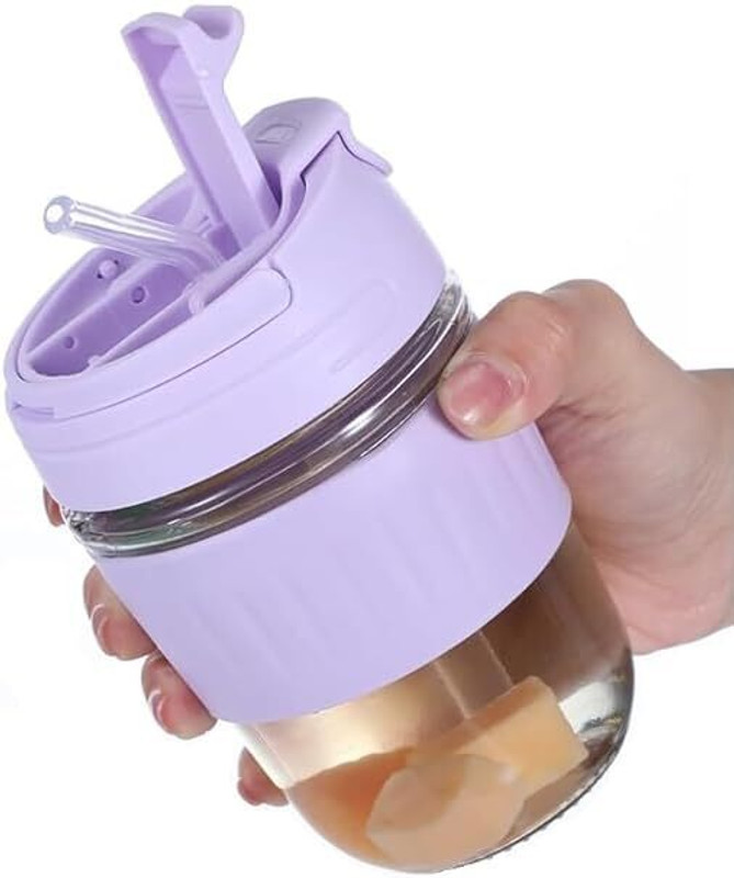 MANIBAM IMPEX Glass Cups with Silicone Sleeves and Sipper with lid and Straw Coffee Mugs(Multicolor)