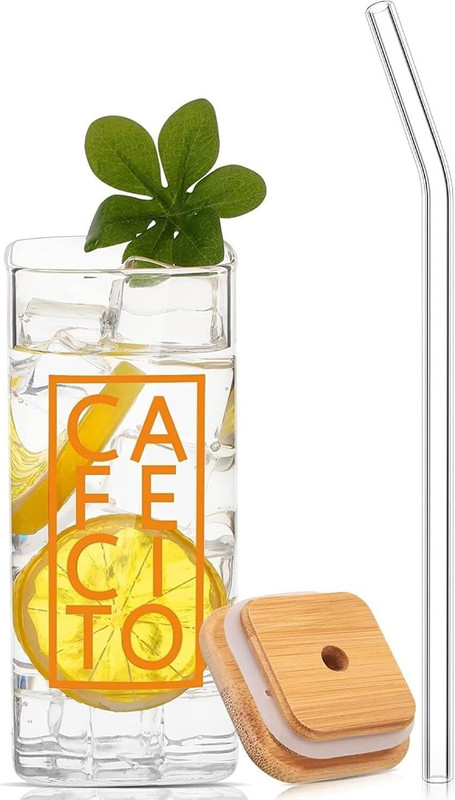 Takositio Square Glass, Sipper Mug with Airtight Wooden Lid & Glass Straw(clear)