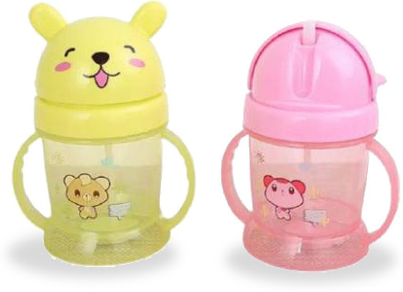 Miss & Chief Bear Opaque Straw Feeding Sipper Twin Handle Anti Spill- Water Juice Set of 2(Yellow, Pink)